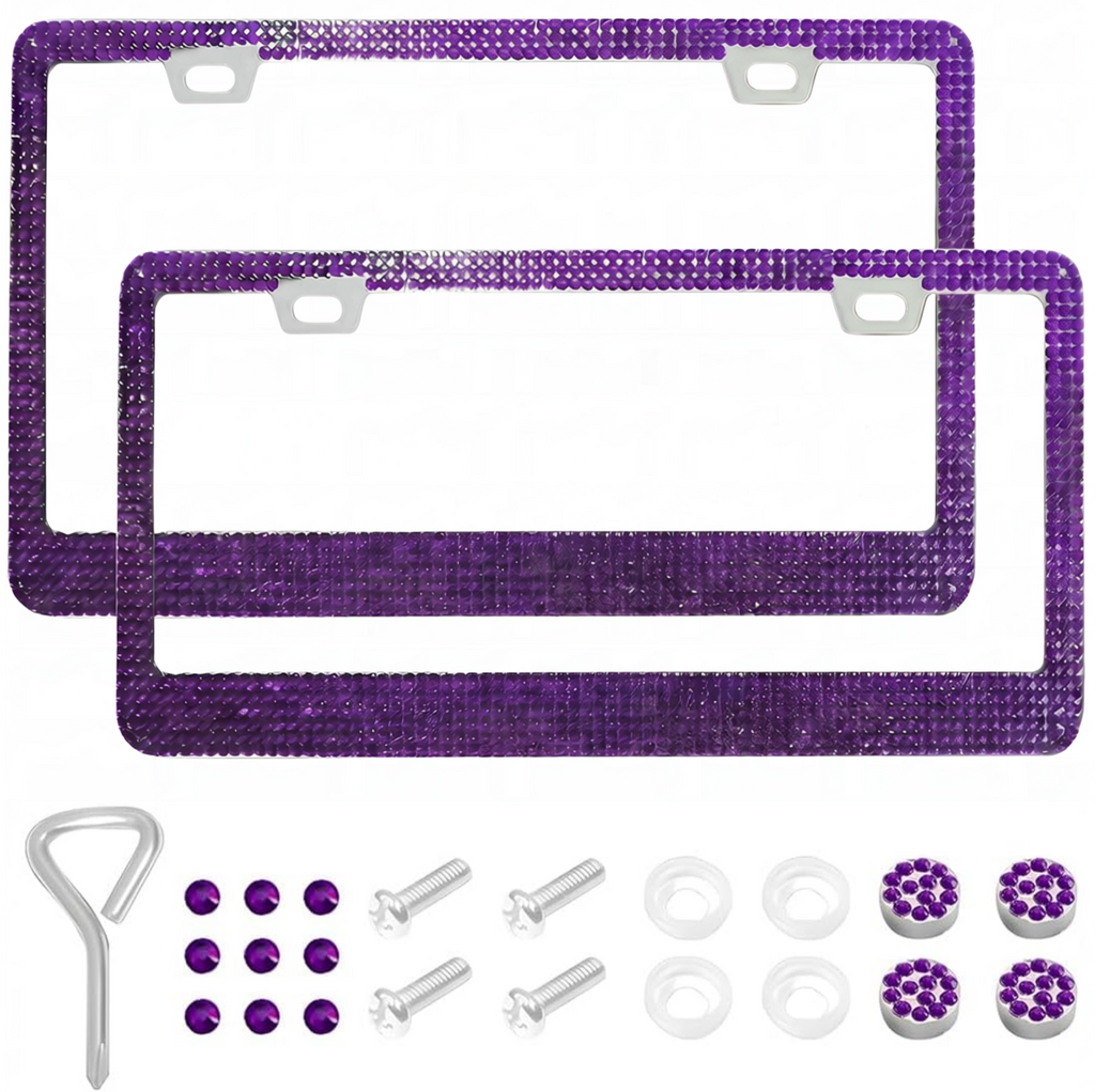 Xylobyte 2 Pack Bling License Plate Frames for Women, Sparkly Rhinestone Diamond Car Accessories with Glitter Crystal Caps (Dark Purple)