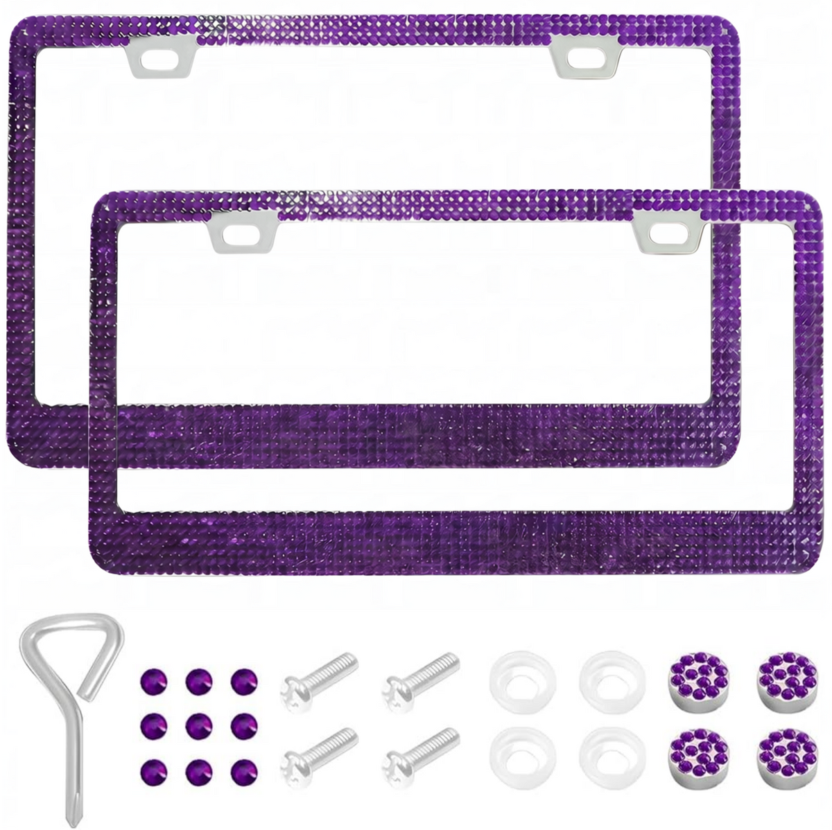Xylobyte 2 Pack Bling License Plate Frames for Women, Sparkly Rhinestone Diamond Car Accessories with Glitter Crystal Caps (Dark Purple)