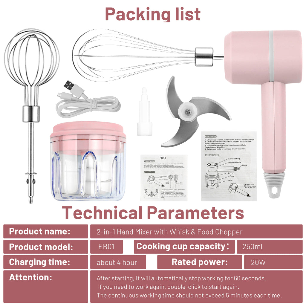 Xylobyte 2-in-1 Electric Hand Mixer, Electric Whisk, Mini Onion Chopper 10Oz, Small Cordless Hand Blender, 3 Speed Rechargeable Food Processor for Baby Food Maker, Pink