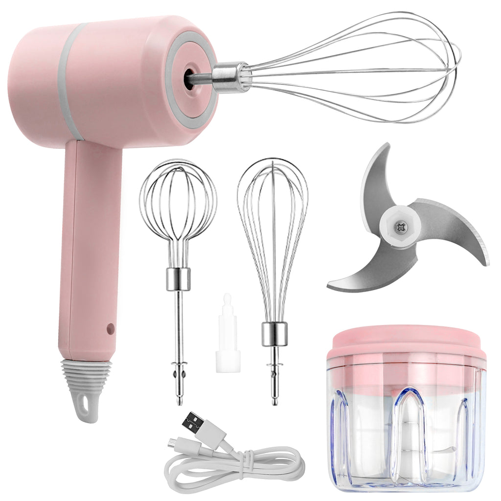 Xylobyte 2-in-1 Electric Hand Mixer, Electric Whisk, Mini Onion Chopper 10Oz, Small Cordless Hand Blender, 3 Speed Rechargeable Food Processor for Baby Food Maker, Pink