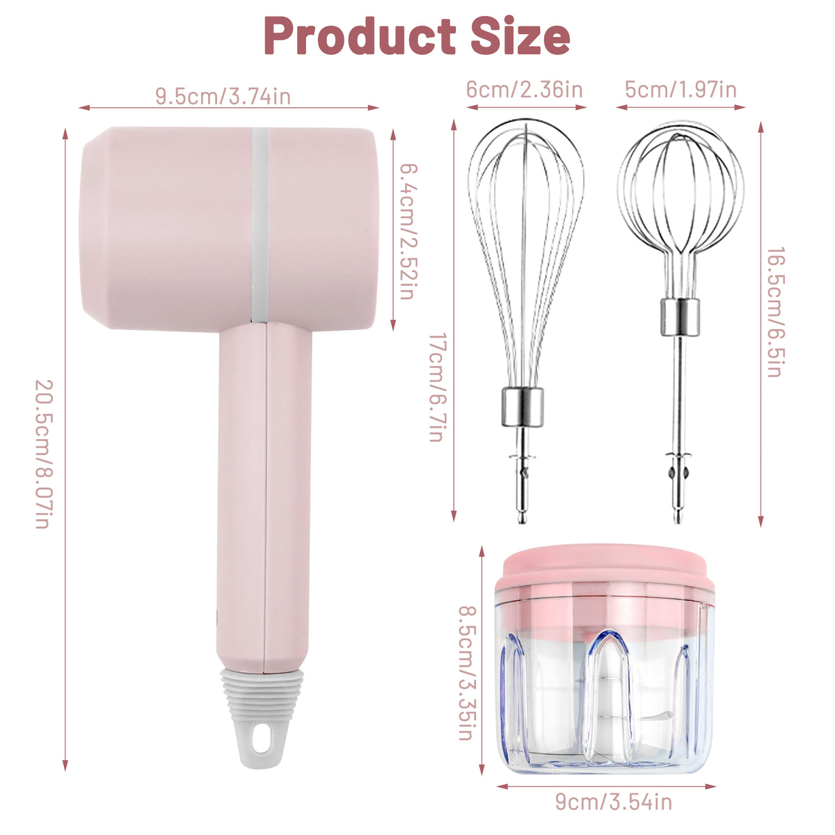 Xylobyte 2-in-1 Electric Hand Mixer, Electric Whisk, Mini Onion Chopper 10Oz, Small Cordless Hand Blender, 3 Speed Rechargeable Food Processor for Baby Food Maker, Pink