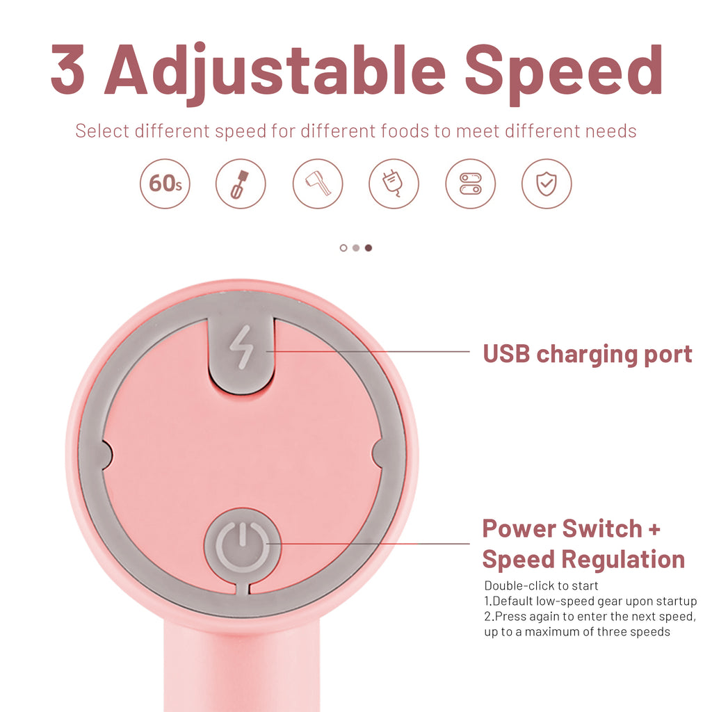 Xylobyte 2-in-1 Electric Hand Mixer, Electric Whisk, Mini Onion Chopper 10Oz, Small Cordless Hand Blender, 3 Speed Rechargeable Food Processor for Baby Food Maker, Pink
