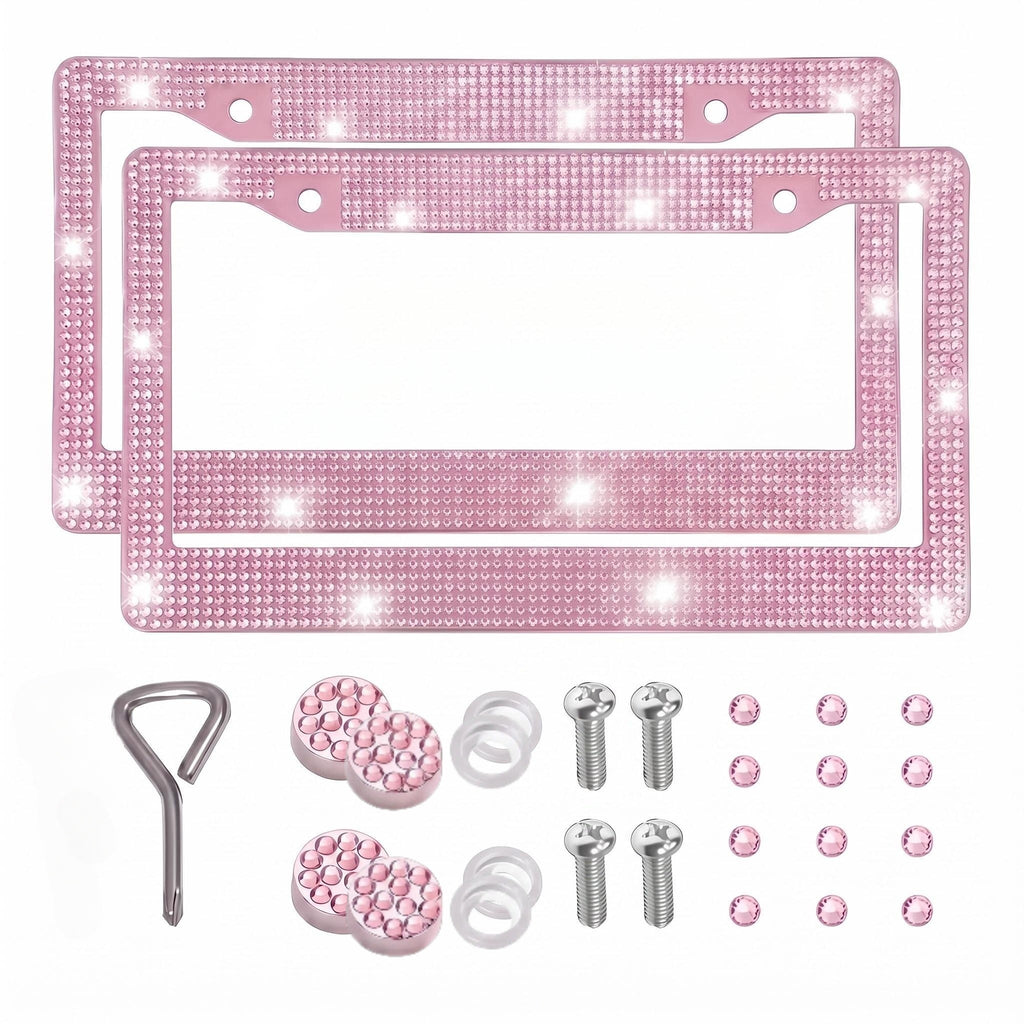 Xylobyte Bling License Plate Frames for Women, 2 Pack Sparkly Rhinestone Diamond License Plate Frames, Car Accessories with Glitter Crystal Caps (Light Pink)