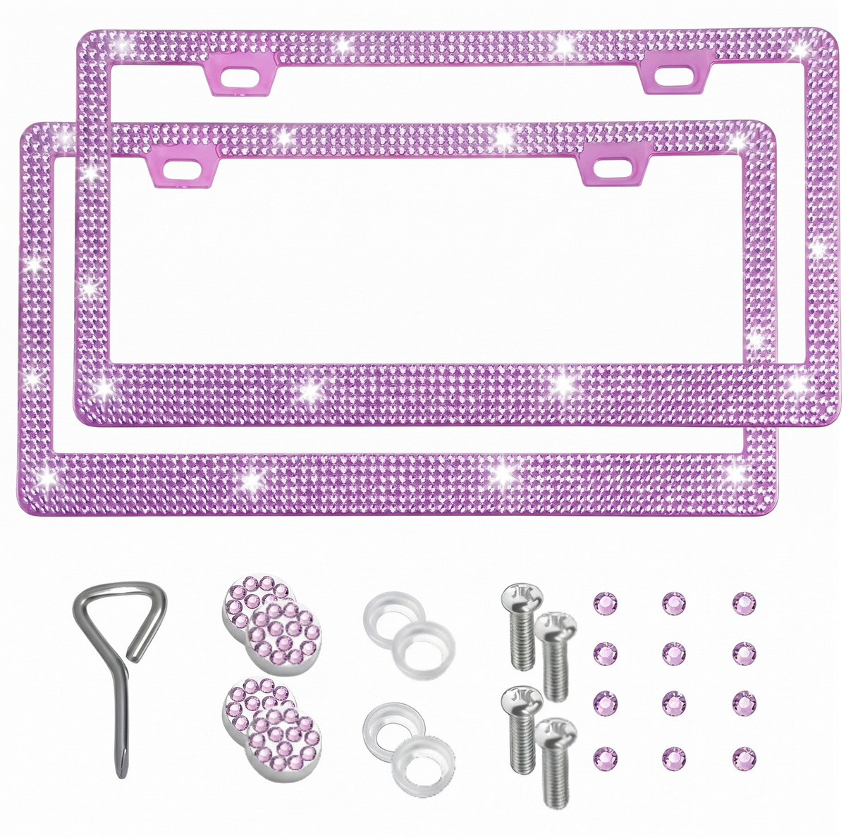 Xylobyte 2 Pack Bling License Plate Frames for Women, Sparkly Rhinestone Diamond Car Accessories with Glitter Crystal Caps (Light Purple)