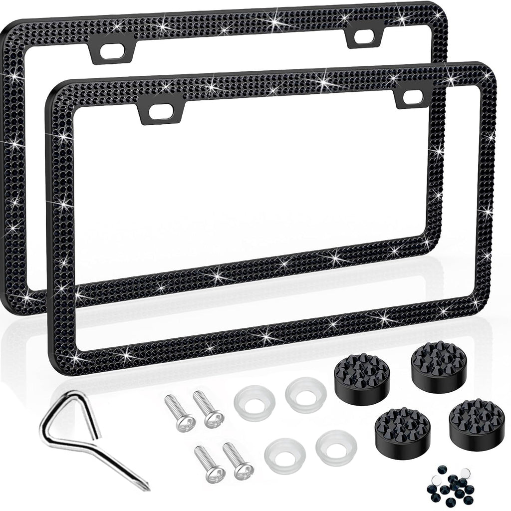 Bling License Plate Frame for Women,2 Pack Premium Stainless Steel Rhinestone License Plate Holder,Handmade Glitter Crystal Diamond Girl Lincense Plate Tag Cover,Bedazzled Sparkly-Black