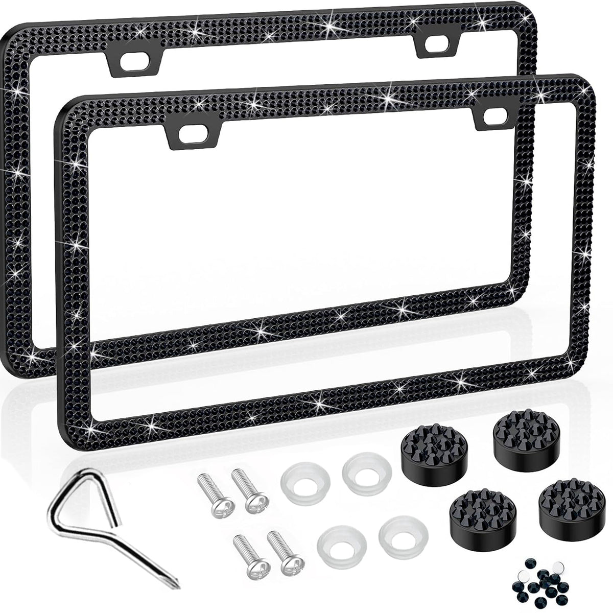 Bling License Plate Frame for Women,2 Pack Premium Stainless Steel Rhinestone License Plate Holder,Handmade Glitter Crystal Diamond Girl Lincense Plate Tag Cover,Bedazzled Sparkly-Black