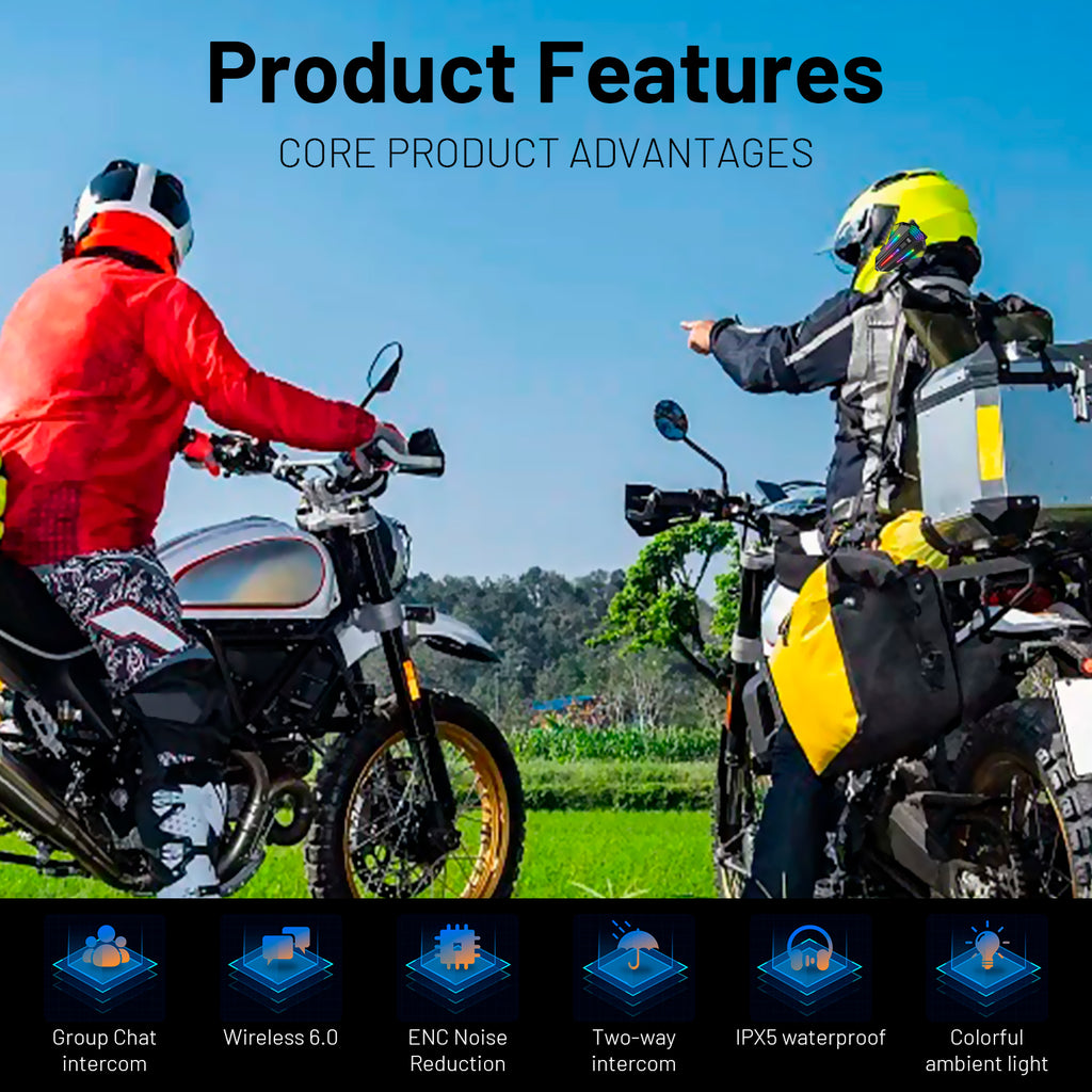 Xylobyte Motorcycle Bluetooth Headset with Wireless 6.0, 520m Helmet Intercom with Universal Pairing, IPX5 Waterproof Motorbike Communication System, Music Sharing & RGB Light