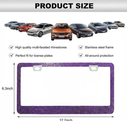 Xylobyte 2 Pack Bling License Plate Frames for Women, Sparkly Rhinestone Diamond Car Accessories with Glitter Crystal Caps (Dark Purple)