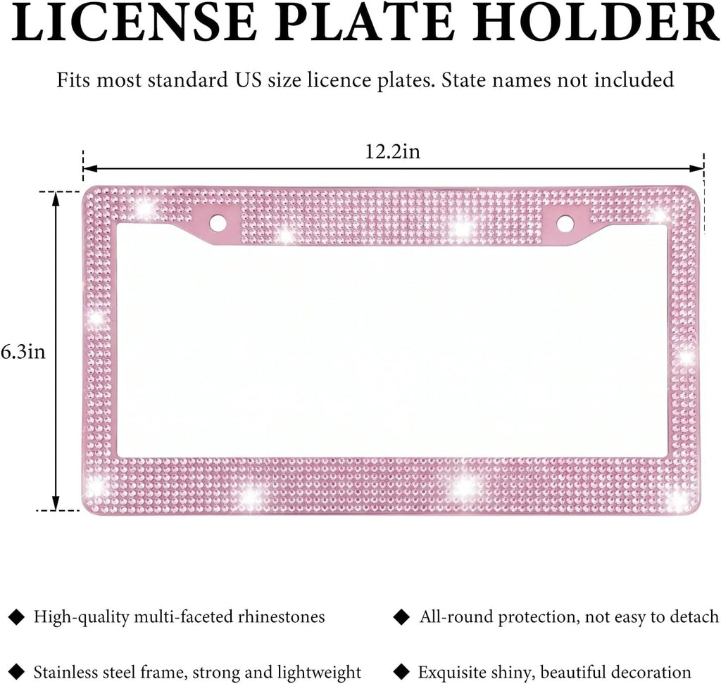 Xylobyte Bling License Plate Frames for Women, 2 Pack Sparkly Rhinestone Diamond License Plate Frames, Car Accessories with Glitter Crystal Caps (Light Pink)