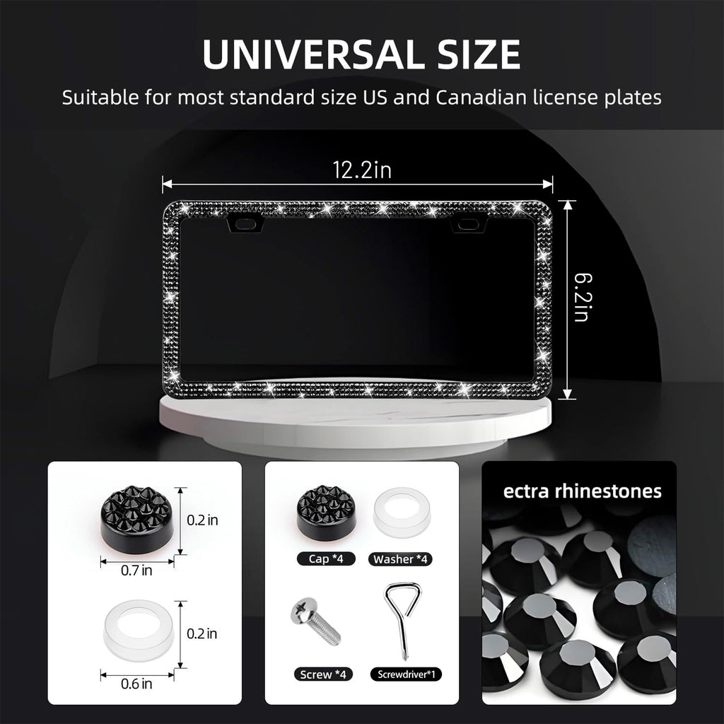 Bling License Plate Frame for Women,2 Pack Premium Stainless Steel Rhinestone License Plate Holder,Handmade Glitter Crystal Diamond Girl Lincense Plate Tag Cover,Bedazzled Sparkly-Black