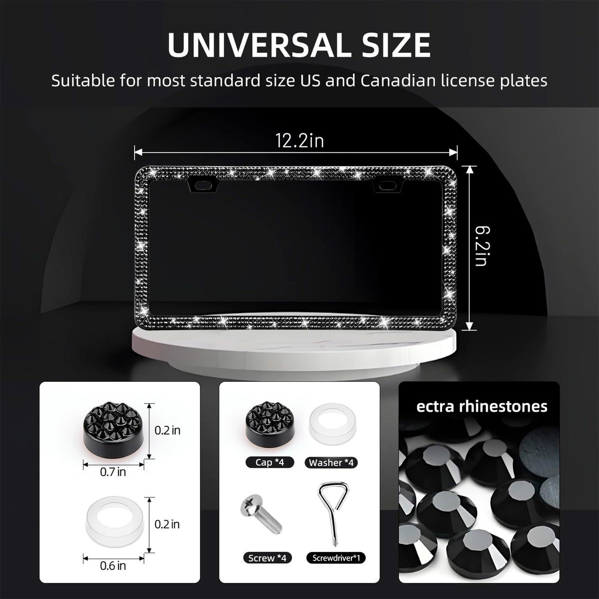 Bling License Plate Frame for Women,2 Pack Premium Stainless Steel Rhinestone License Plate Holder,Handmade Glitter Crystal Diamond Girl Lincense Plate Tag Cover,Bedazzled Sparkly-Black