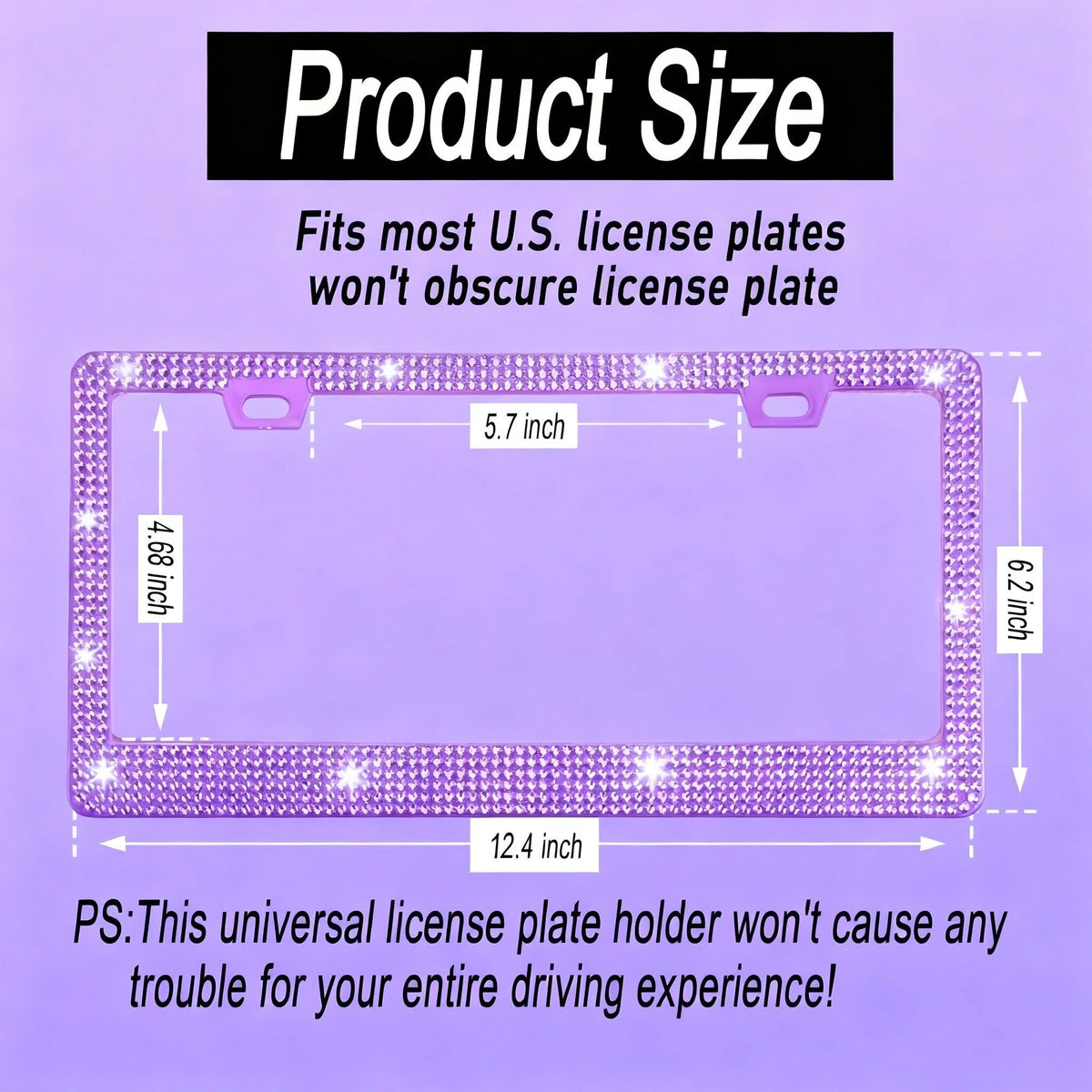 Xylobyte 2 Pack Bling License Plate Frames for Women, Sparkly Rhinestone Diamond Car Accessories with Glitter Crystal Caps (Light Purple)