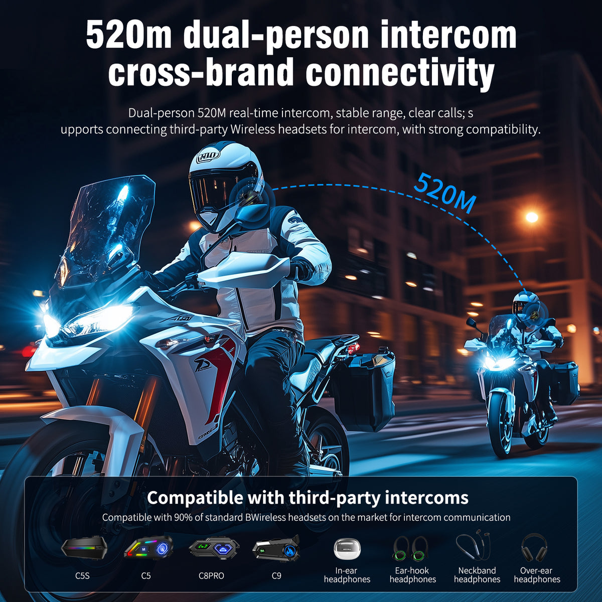 Xylobyte Motorcycle Bluetooth Headset with Wireless 6.0, 520m Helmet Intercom with Universal Pairing, IPX5 Waterproof Motorbike Communication System, Music Sharing & RGB Light