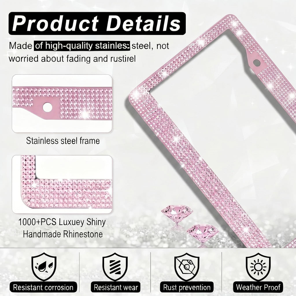 Xylobyte Bling License Plate Frames for Women, 2 Pack Sparkly Rhinestone Diamond License Plate Frames, Car Accessories with Glitter Crystal Caps (Light Pink)
