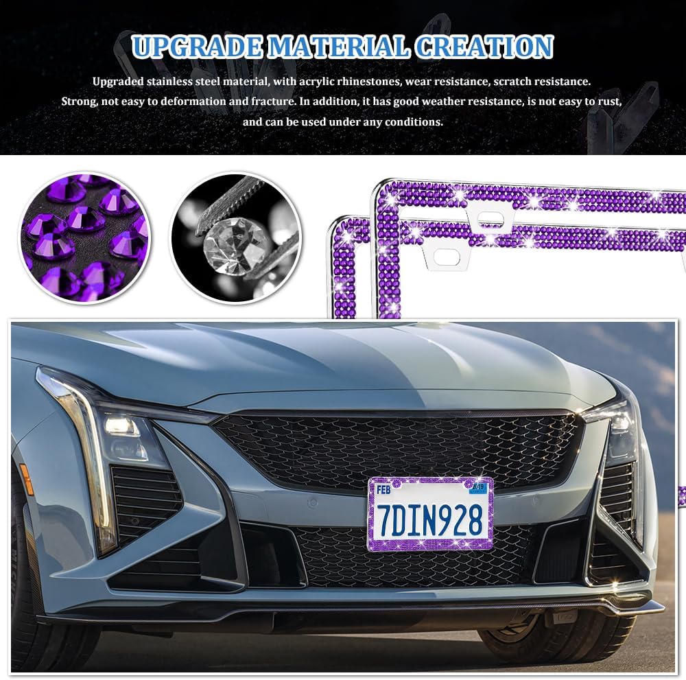 Xylobyte 2 Pack Bling License Plate Frames for Women, Sparkly Rhinestone Diamond Car Accessories with Glitter Crystal Caps (Dark Purple)