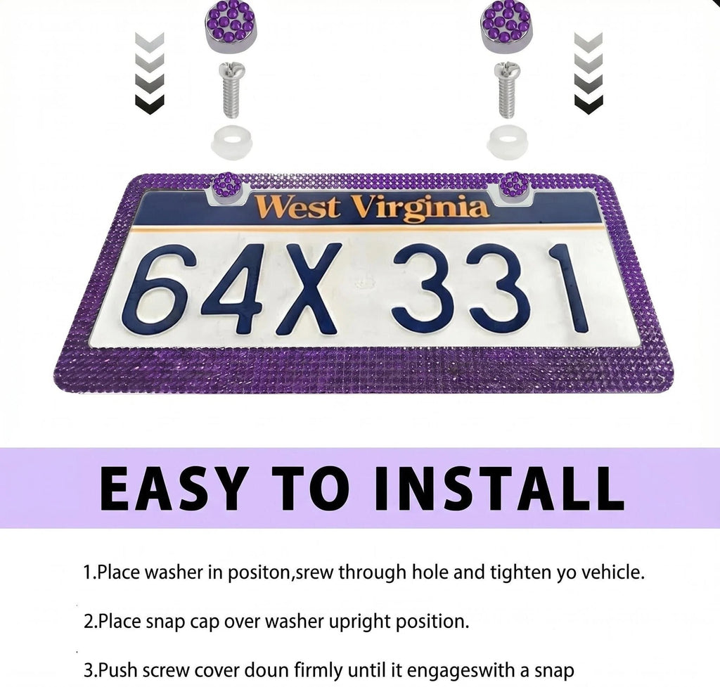 Xylobyte 2 Pack Bling License Plate Frames for Women, Sparkly Rhinestone Diamond Car Accessories with Glitter Crystal Caps (Dark Purple)