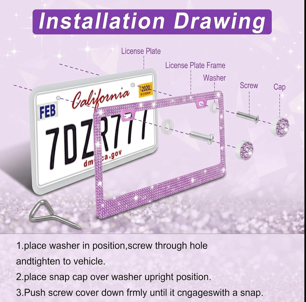 Xylobyte 2 Pack Bling License Plate Frames for Women, Sparkly Rhinestone Diamond Car Accessories with Glitter Crystal Caps (Light Purple)