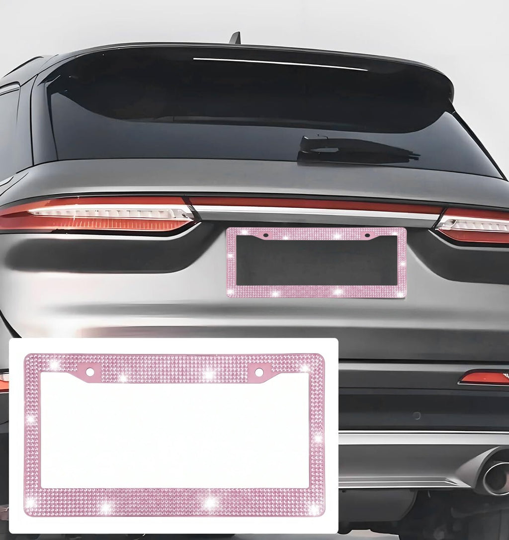 Xylobyte Bling License Plate Frames for Women, 2 Pack Sparkly Rhinestone Diamond License Plate Frames, Car Accessories with Glitter Crystal Caps (Light Pink)
