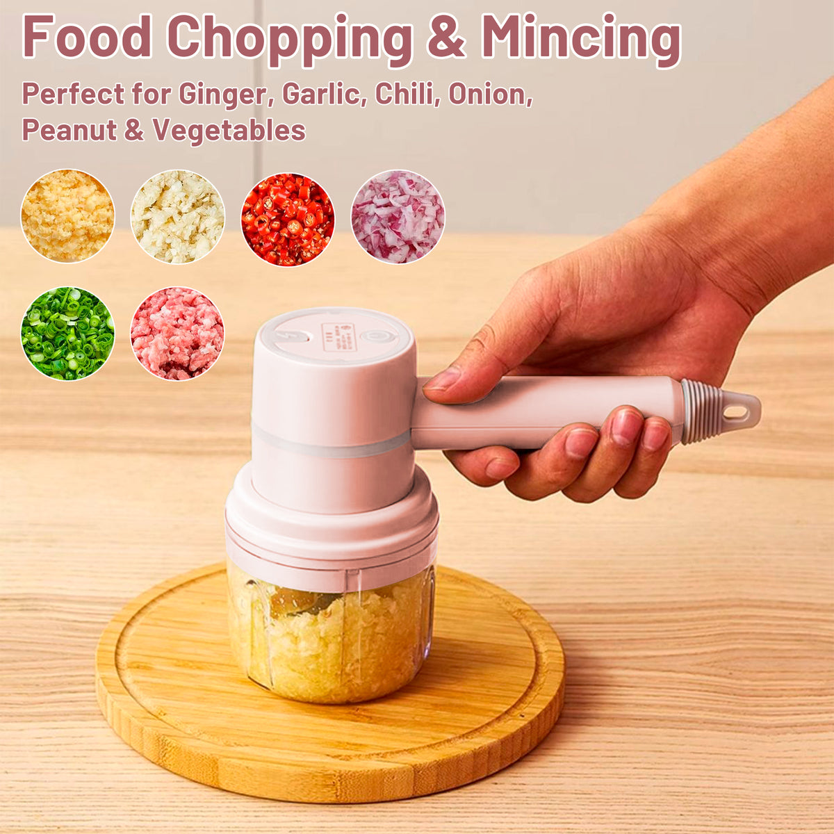 Xylobyte 2-in-1 Electric Hand Mixer, Electric Whisk, Mini Onion Chopper 10Oz, Small Cordless Hand Blender, 3 Speed Rechargeable Food Processor for Baby Food Maker, Pink