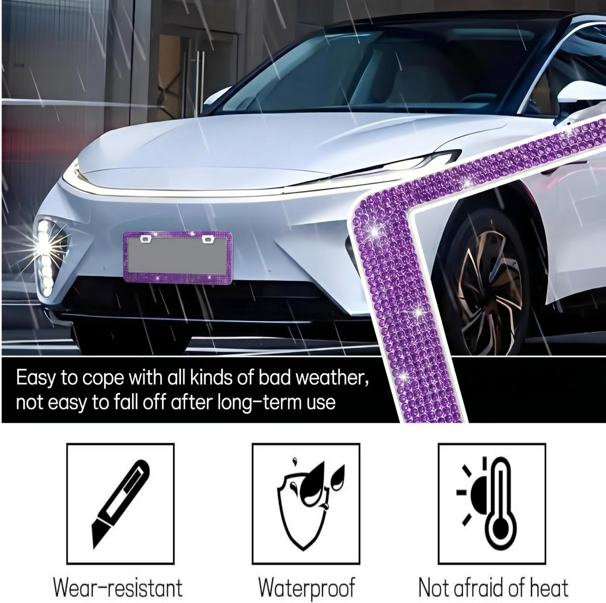 Xylobyte 2 Pack Bling License Plate Frames for Women, Sparkly Rhinestone Diamond Car Accessories with Glitter Crystal Caps (Dark Purple)