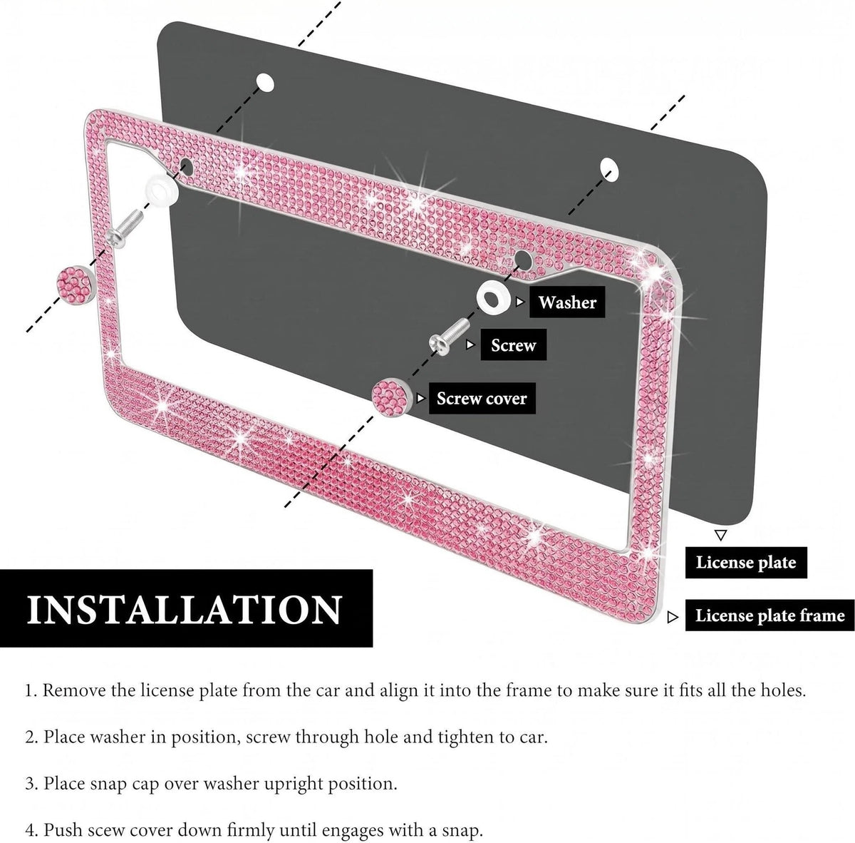 Xylobyte Bling License Plate Frames for Women, 2 Pack Sparkly Rhinestone Diamond License Plate Frames, Car Accessories with Glitter Crystal Caps (Light Pink)