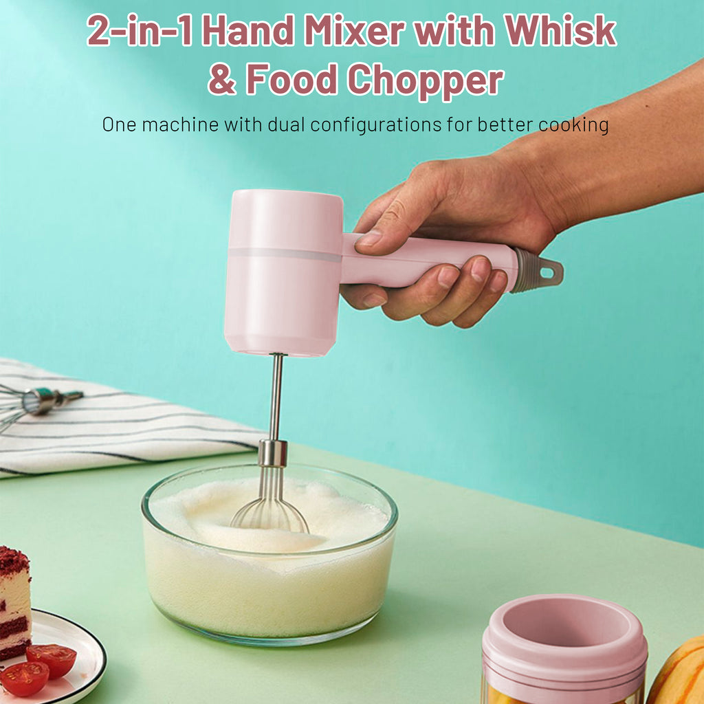Xylobyte 2-in-1 Electric Hand Mixer, Electric Whisk, Mini Onion Chopper 10Oz, Small Cordless Hand Blender, 3 Speed Rechargeable Food Processor for Baby Food Maker, Pink