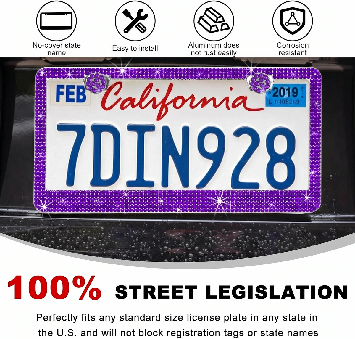Xylobyte 2 Pack Bling License Plate Frames for Women, Sparkly Rhinestone Diamond Car Accessories with Glitter Crystal Caps (Dark Purple)