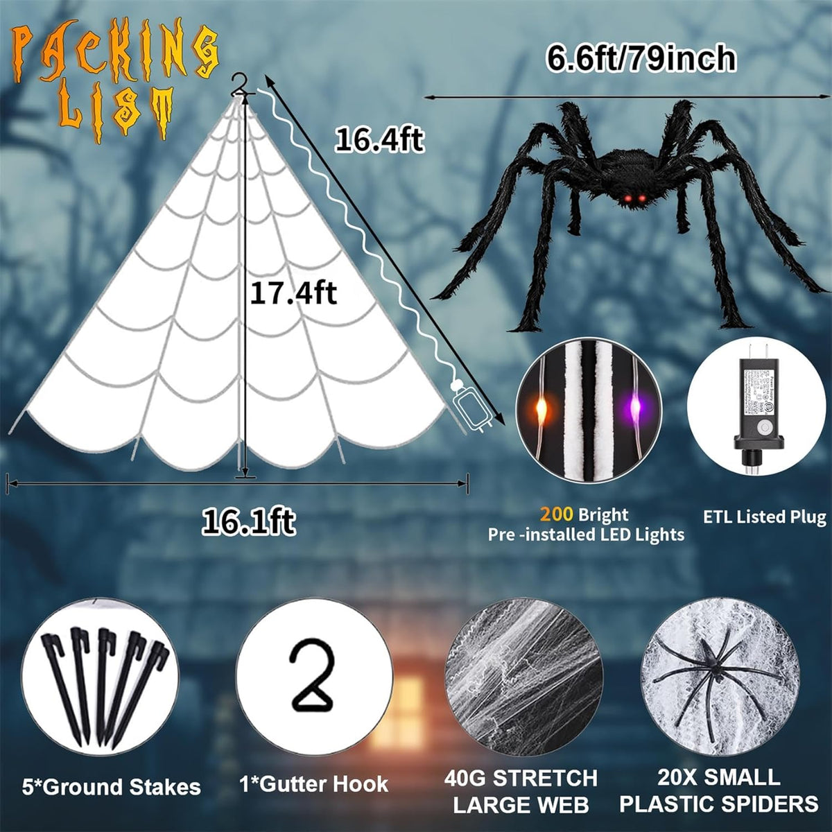 Xylobyte Halloween Decorations Outdoor, 200 LEDs Spider Web Lights, with 8 Lighting Modes Waterproof for Outdoor Yard Halloween Decorations (Purple & Orange)