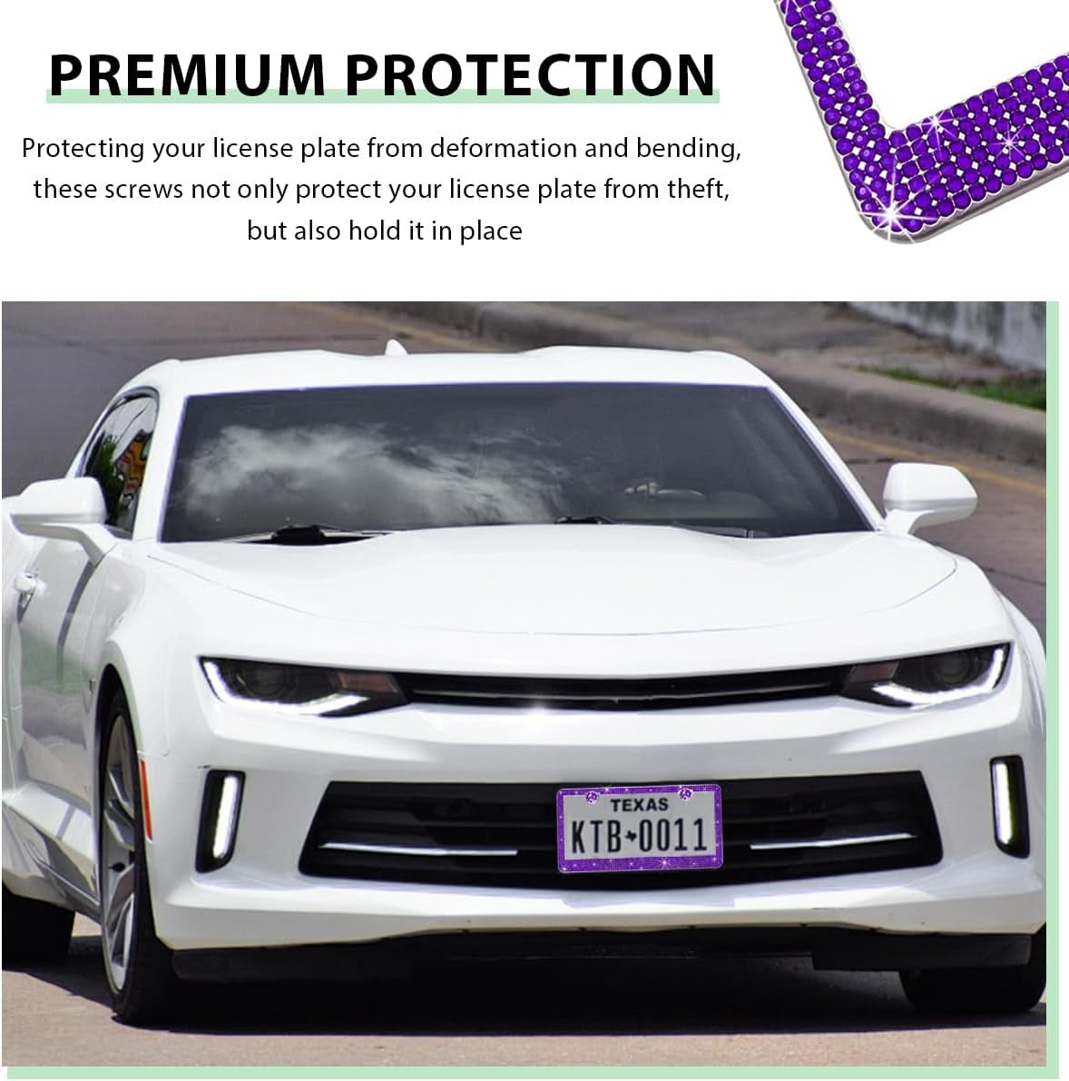 Xylobyte 2 Pack Bling License Plate Frames for Women, Sparkly Rhinestone Diamond Car Accessories with Glitter Crystal Caps (Dark Purple)
