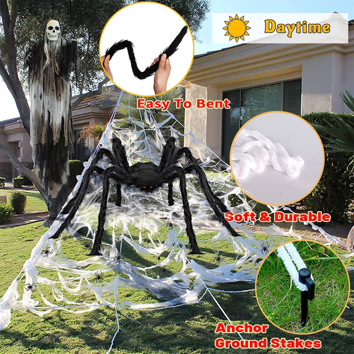 Xylobyte Halloween Decorations Outdoor, 200 LEDs Spider Web Lights, with 8 Lighting Modes Waterproof for Outdoor Yard Halloween Decorations (Purple & Orange)
