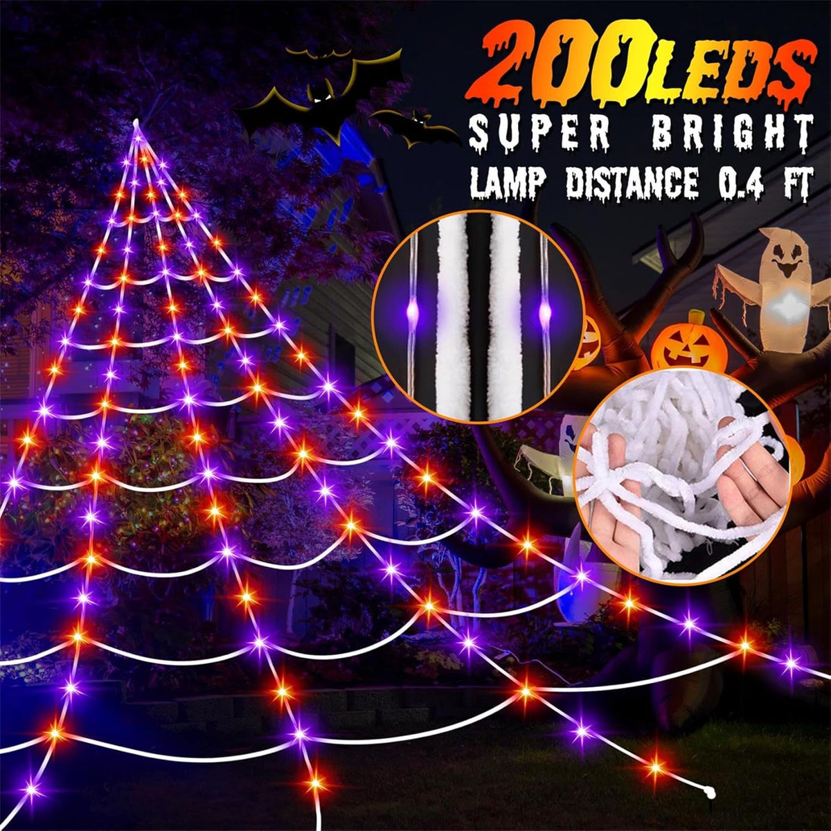Xylobyte Halloween Decorations Outdoor, 200 LEDs Spider Web Lights, with 8 Lighting Modes Waterproof for Outdoor Yard Halloween Decorations (Purple & Orange)