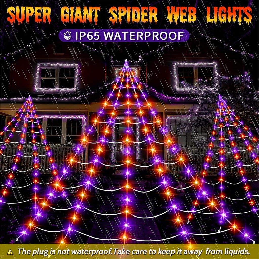 Xylobyte Halloween Decorations Outdoor, 200 LEDs Spider Web Lights, with 8 Lighting Modes Waterproof for Outdoor Yard Halloween Decorations (Purple & Orange)