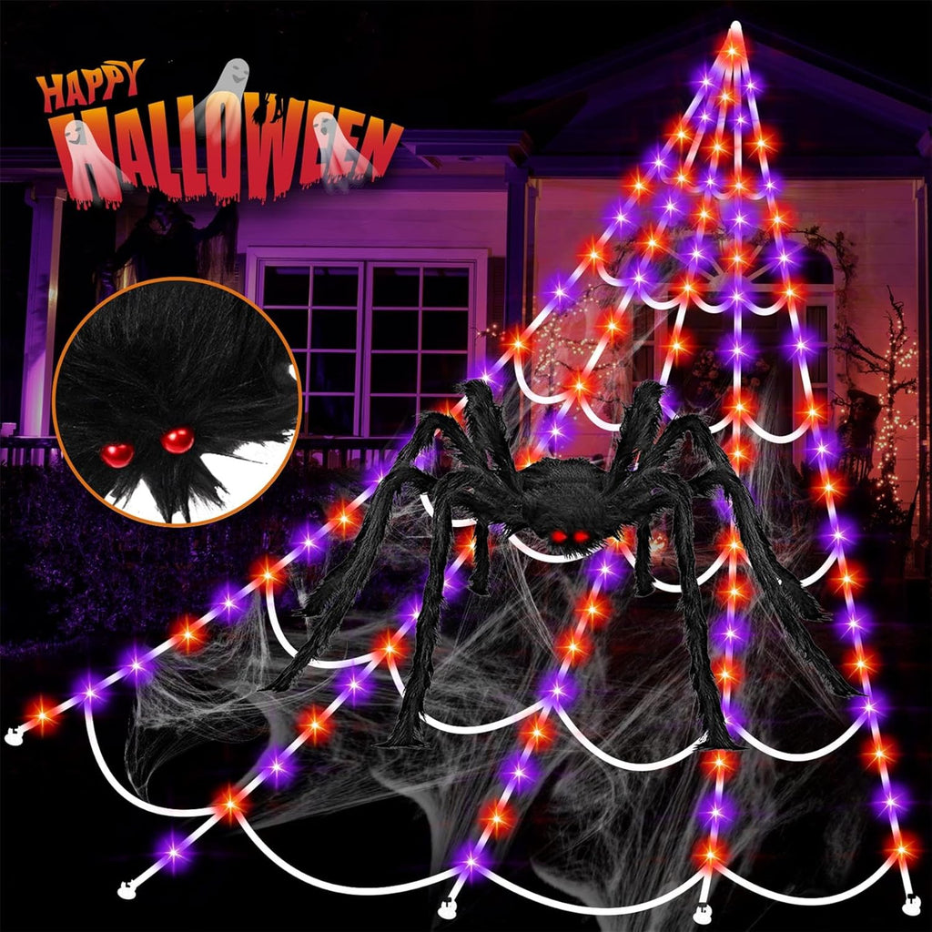 Xylobyte Halloween Decorations Outdoor, 200 LEDs Spider Web Lights, with 8 Lighting Modes Waterproof for Outdoor Yard Halloween Decorations (Purple & Orange)