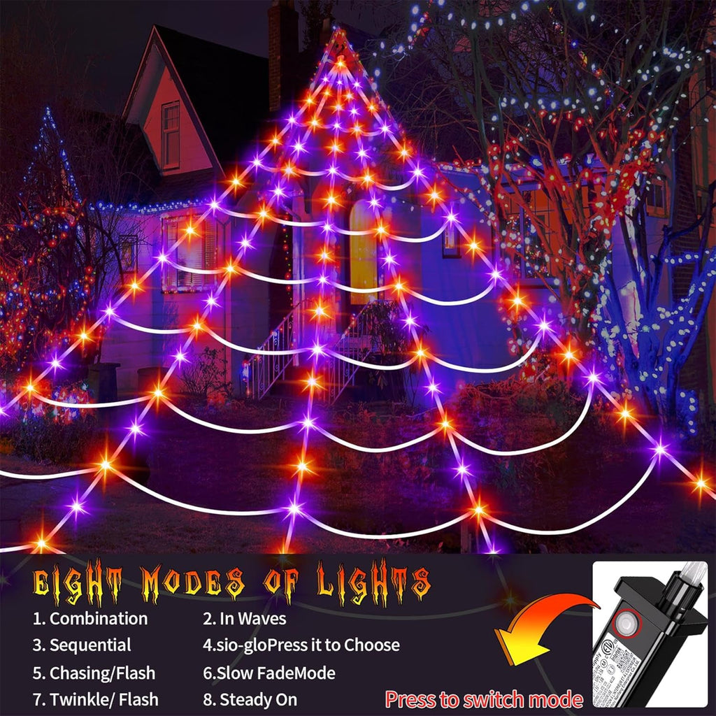Xylobyte Halloween Decorations Outdoor, 200 LEDs Spider Web Lights, with 8 Lighting Modes Waterproof for Outdoor Yard Halloween Decorations (Purple & Orange)
