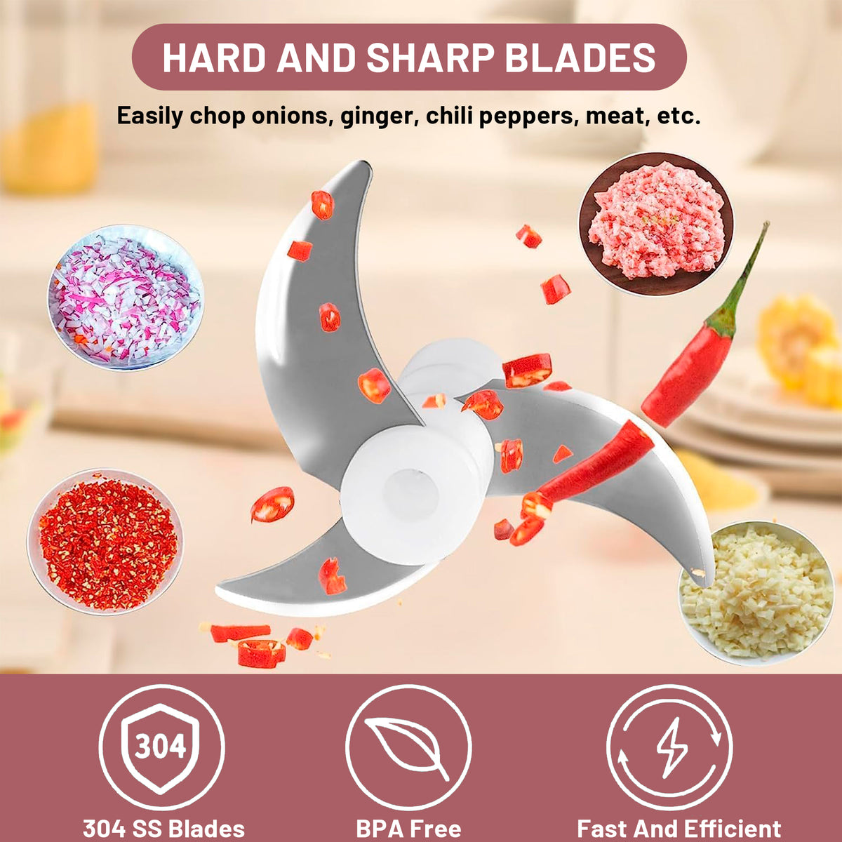 Xylobyte 2-in-1 Electric Hand Mixer, Electric Whisk, Mini Onion Chopper 10Oz, Small Cordless Hand Blender, 3 Speed Rechargeable Food Processor for Baby Food Maker, Pink
